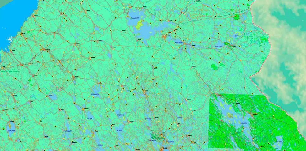 Finland Map Vector Full Extra High Detailed 01 (all roads) + Relief + Admin Areas editable Adobe Illustrator in layers