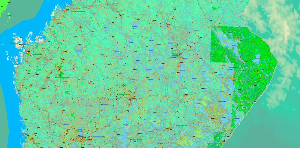 Finland Map Vector Full Extra High Detailed 01 (all roads) + Relief + Admin Areas editable Adobe Illustrator in layers