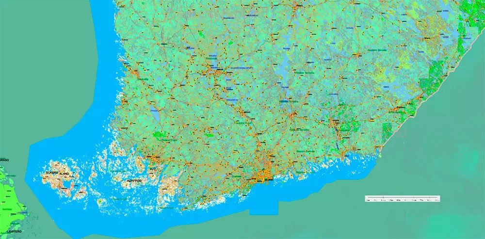 Finland Map Vector Full Extra High Detailed 01 (all roads) + Relief + Admin Areas editable Adobe Illustrator in layers