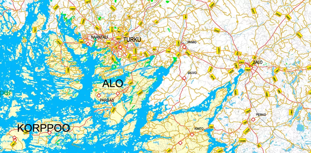 Finland Map Vector Full Extra High Detailed 01 (all roads) + Relief + Admin Areas editable Adobe Illustrator in layers
