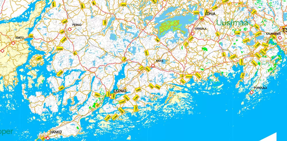 Finland Map Vector Full Extra High Detailed 01 (all roads) + Relief + Admin Areas editable Adobe Illustrator in layers