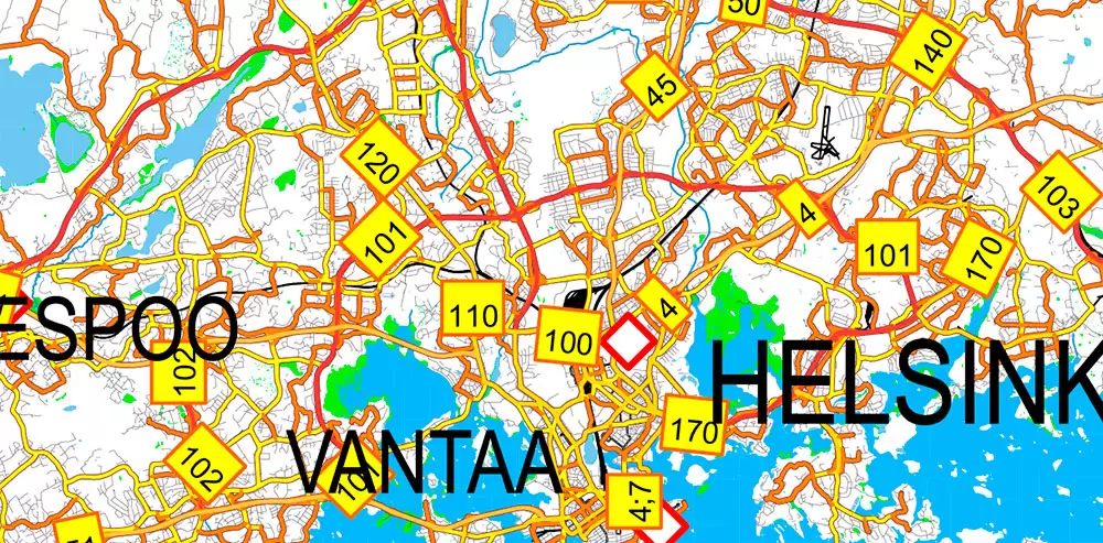 Finland Map Vector Full Extra High Detailed 01 (all roads) + Relief + Admin Areas editable Adobe Illustrator in layers