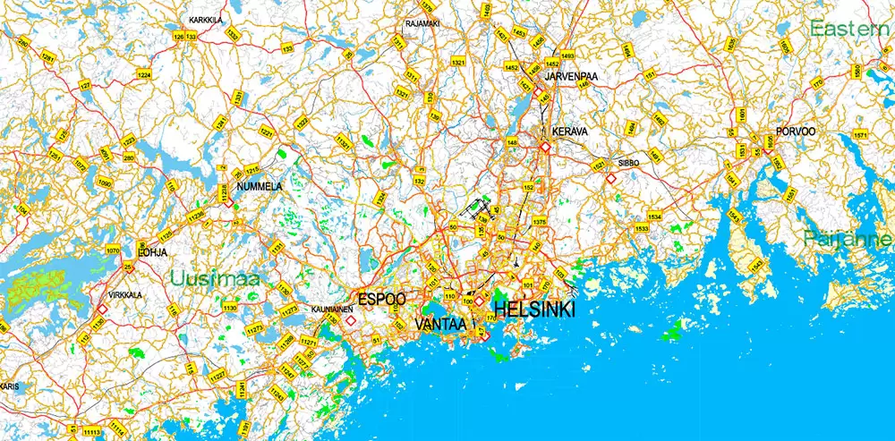 Finland Map Vector Full Extra High Detailed 01 (all roads) + Relief + Admin Areas editable Adobe Illustrator in layers