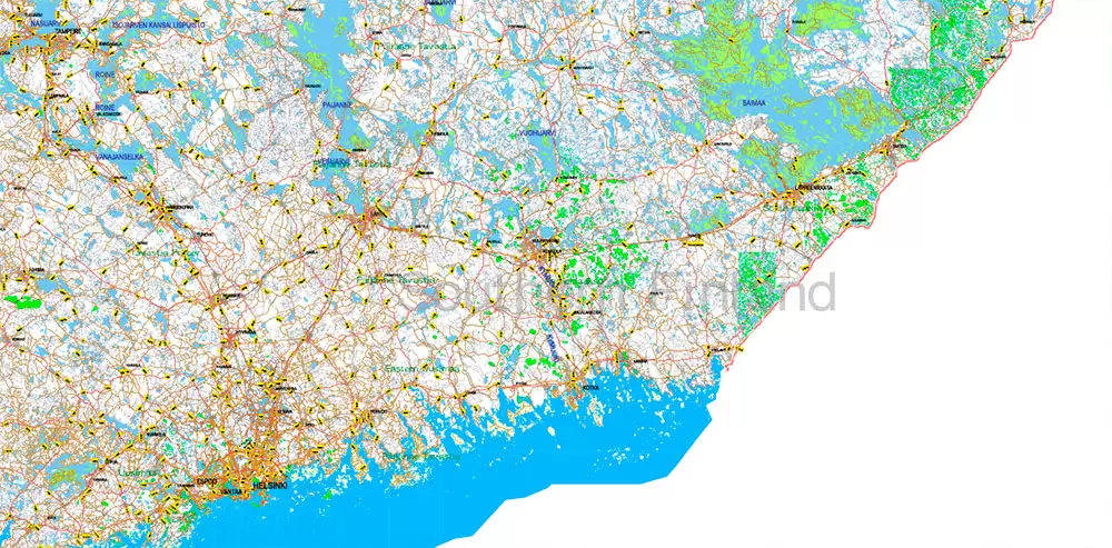 Finland Map Vector Full Extra High Detailed 01 (all roads) + Relief + Admin Areas editable Adobe Illustrator in layers