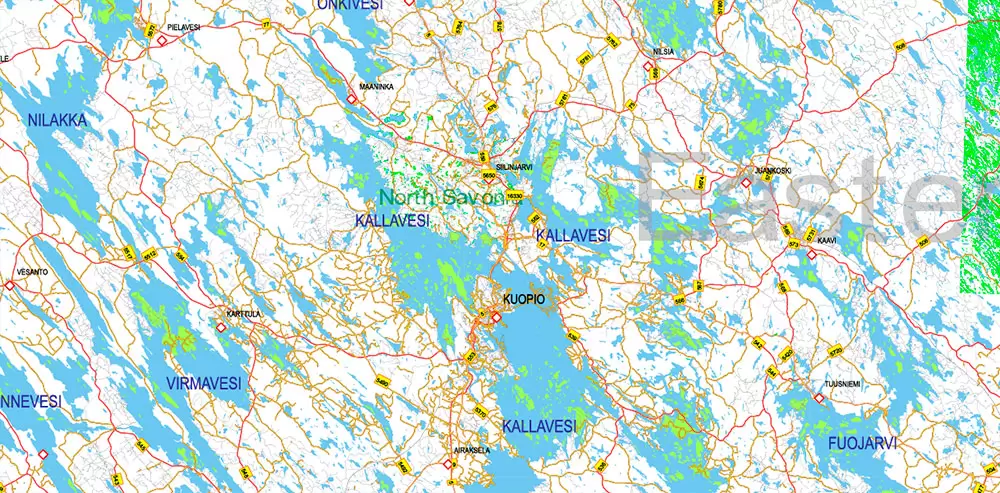 Finland Map Vector Full Extra High Detailed 01 (all roads) + Relief + Admin Areas editable Adobe Illustrator in layers
