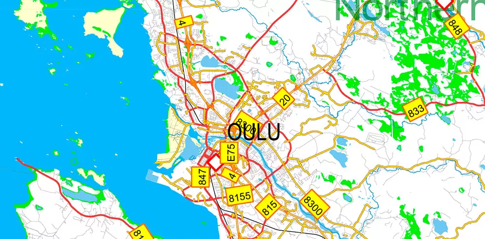 Finland Map Vector Full Extra High Detailed 01 (all roads) + Relief + Admin Areas editable Adobe Illustrator in layers