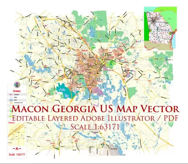Macon Georgia US Map Vector Exact City Plan LOW Detailed Street Map editable Adobe Illustrator in layers