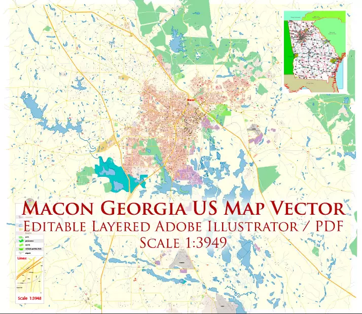 Macon Georgia US Map Vector Exact City Plan High Detailed Street Map editable Adobe Illustrator in layers
