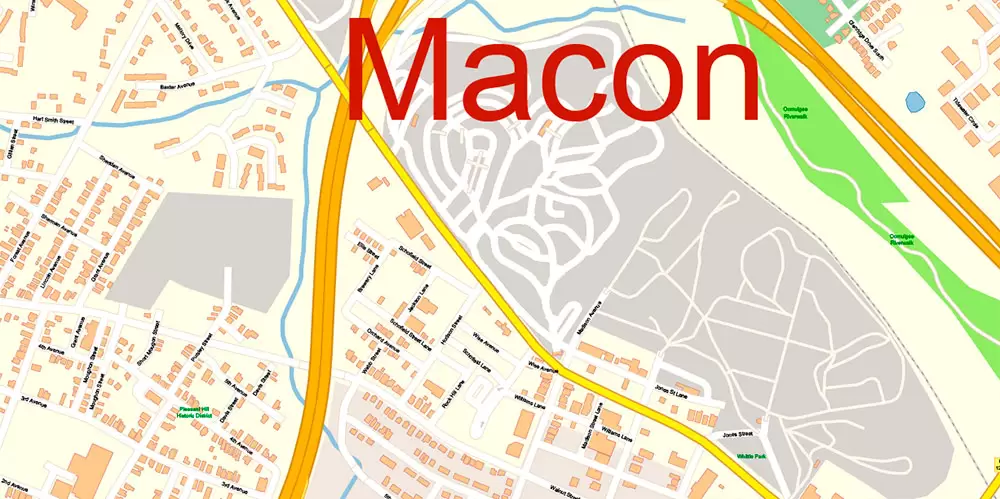 Macon Georgia US Map Vector Exact City Plan High Detailed Street Map editable Adobe Illustrator in layers