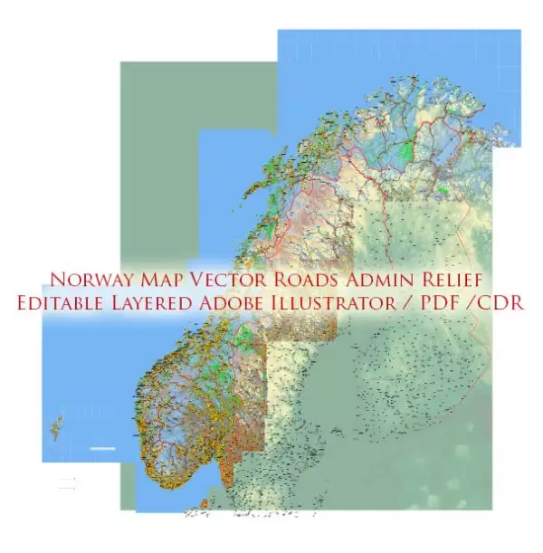 Norway Map Vector Full Extra High Detailed 01 (all roads) in ONE file + Relief + Admin Areas editable Adobe Illustrator in layers