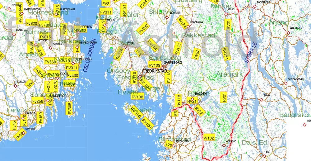 Norway PDF Map Vector Full Extra High Detailed 01 (all roads) in ONE file + Relief + Admin Areas editable Adobe PDF in layers