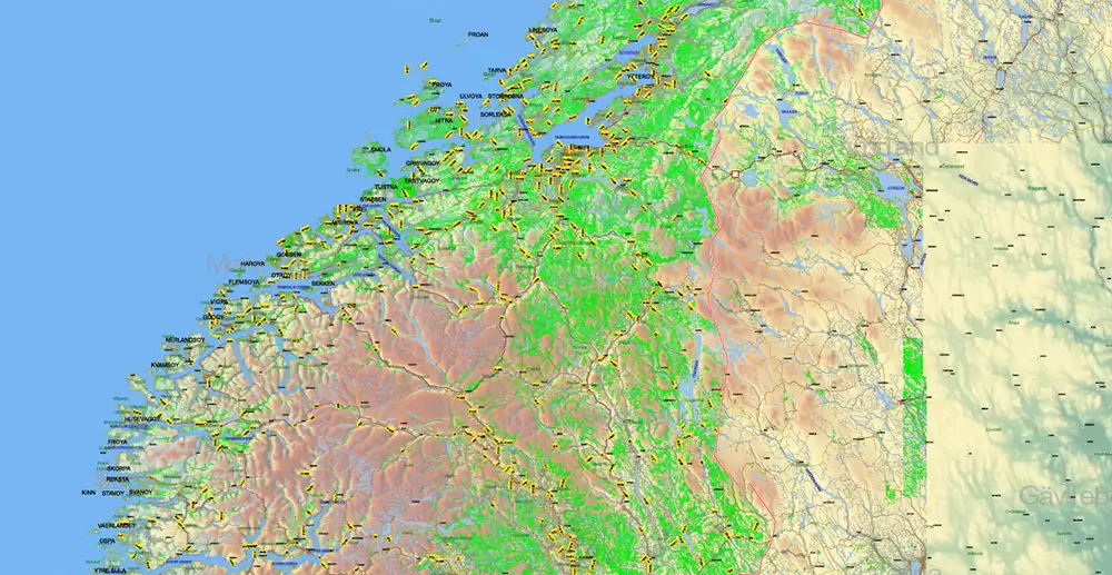 Norway PDF Map Vector Full Extra High Detailed 01 (all roads) in ONE file + Relief + Admin Areas editable Adobe PDF in layers