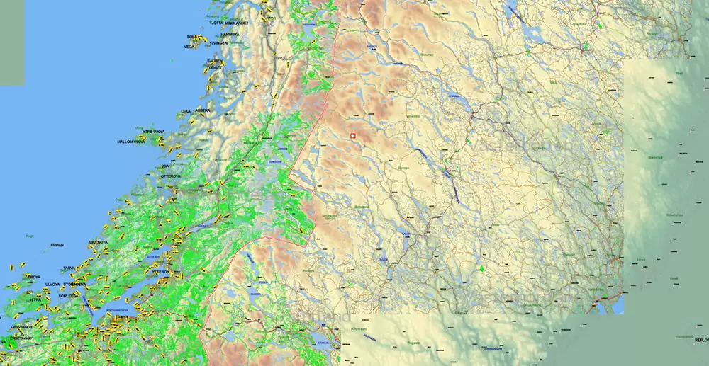 Norway PDF Map Vector Full Extra High Detailed 01 (all roads) in ONE file + Relief + Admin Areas editable Adobe PDF in layers