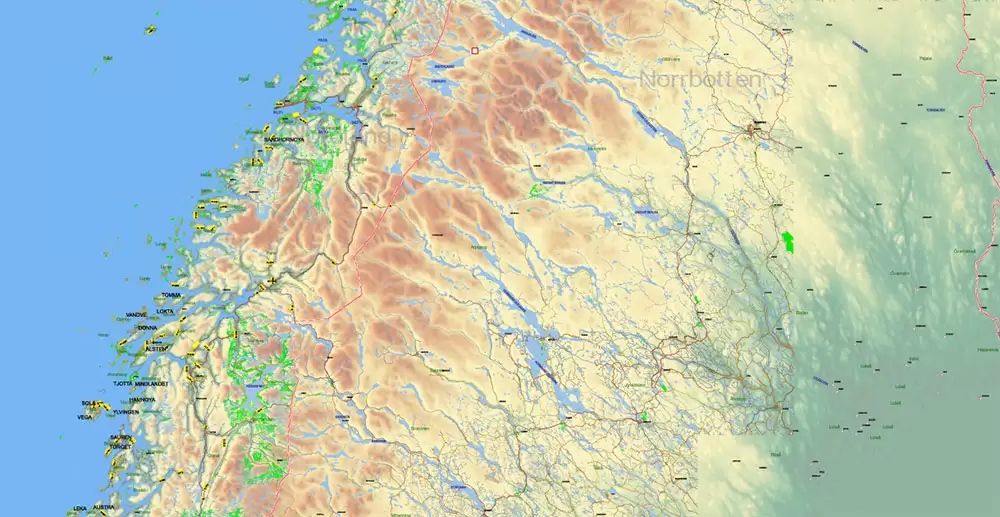 Norway PDF Map Vector Full Extra High Detailed 01 (all roads) in ONE file + Relief + Admin Areas editable Adobe PDF in layers
