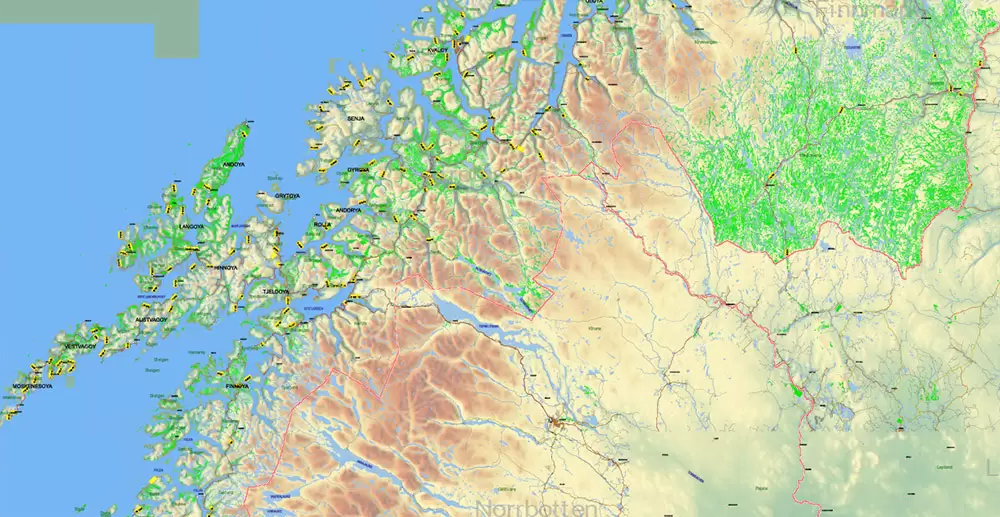 Norway PDF Map Vector Full Extra High Detailed 01 (all roads) in ONE file + Relief + Admin Areas editable Adobe PDF in layers