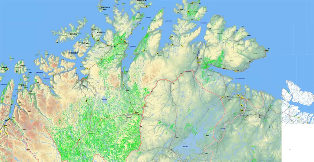 Norway PDF Map Vector Full Extra High Detailed 01 (all roads) in ONE file + Relief + Admin Areas editable Adobe PDF in layers