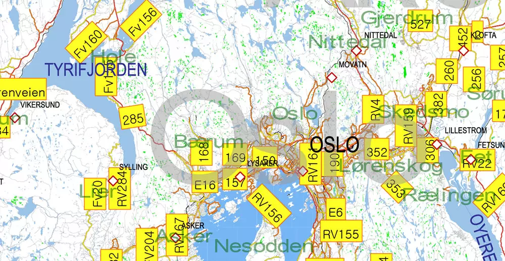 Norway PDF Map Vector Full Extra High Detailed 01 (all roads) in ONE file + Relief + Admin Areas editable Adobe PDF in layers