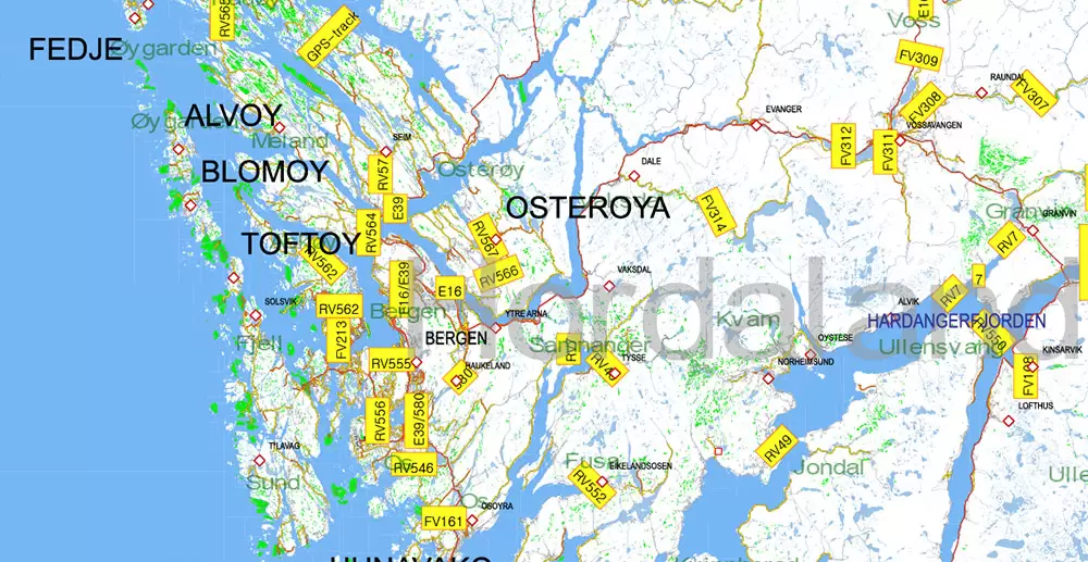 Norway PDF Map Vector Full Extra High Detailed 01 (all roads) in ONE file + Relief + Admin Areas editable Adobe PDF in layers