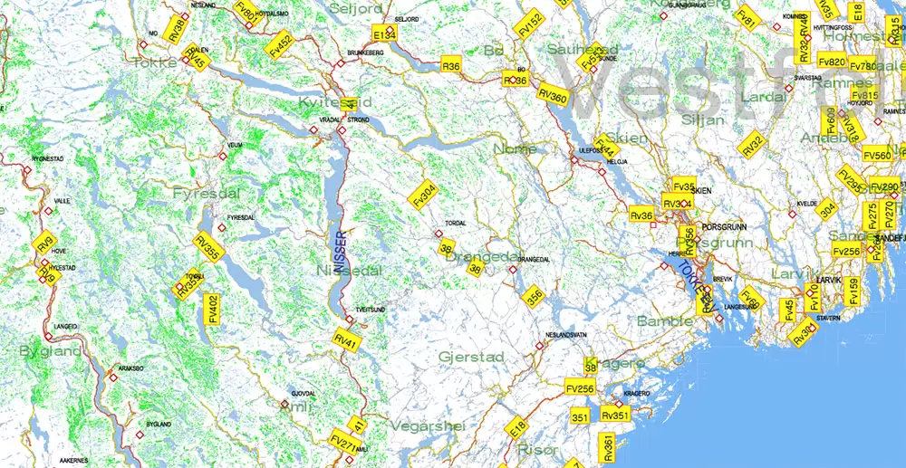 Norway PDF Map Vector Full Extra High Detailed 01 (all roads) in ONE file + Relief + Admin Areas editable Adobe PDF in layers