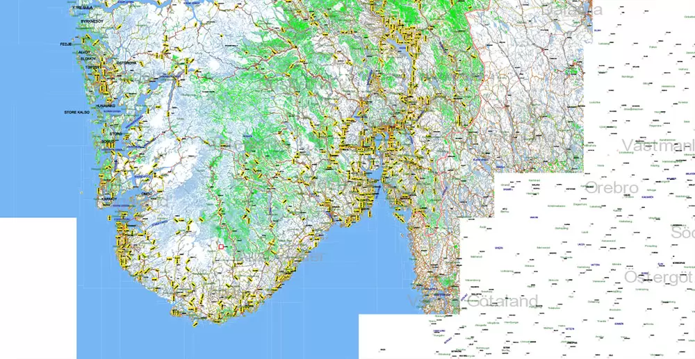 Norway PDF Map Vector Full Extra High Detailed 01 (all roads) in ONE file + Relief + Admin Areas editable Adobe PDF in layers