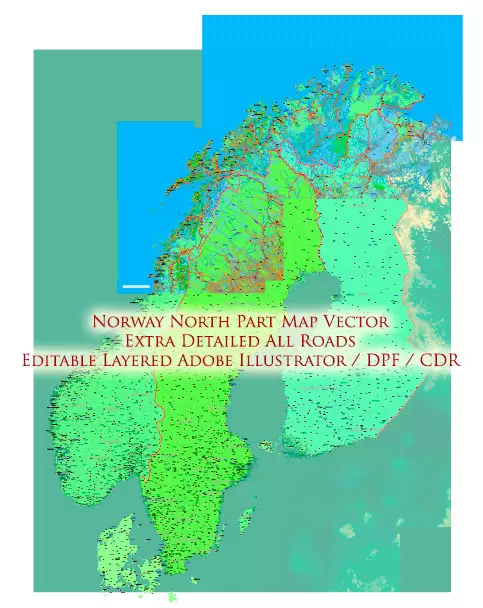 Norway Map Vector Extra High Detailed (all roads) + Relief + Admin Areas editable Adobe Illustrator in layers (2 parts NS)