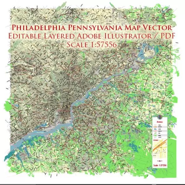 Philadelphia Pennsylvania US Vector Map Exact City Plan & Street Map editable Adobe Illustrator in layers