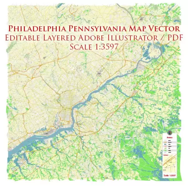 Philadelphia Pennsylvania US Map Vector Exact City Plan High Detailed Street Map editable Adobe Illustrator in layers