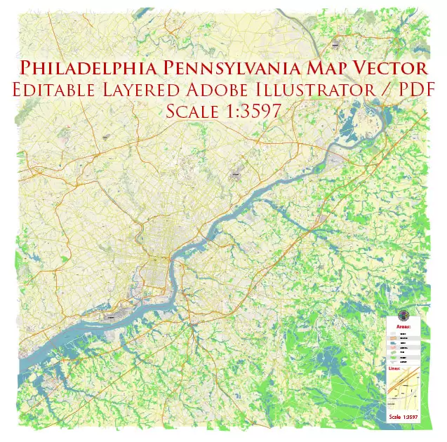 Philadelphia Pennsylvania US PDF Map Vector Exact City Plan High Detailed Street Map editable Adobe PDF in layers