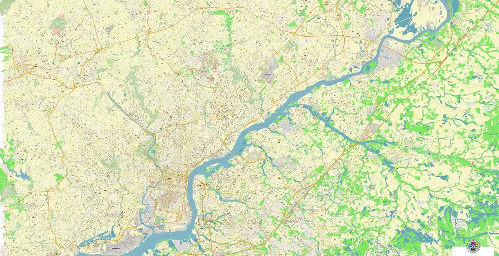 Philadelphia Pennsylvania US PDF Map Vector Exact City Plan High Detailed Street Map editable Adobe PDF in layers
