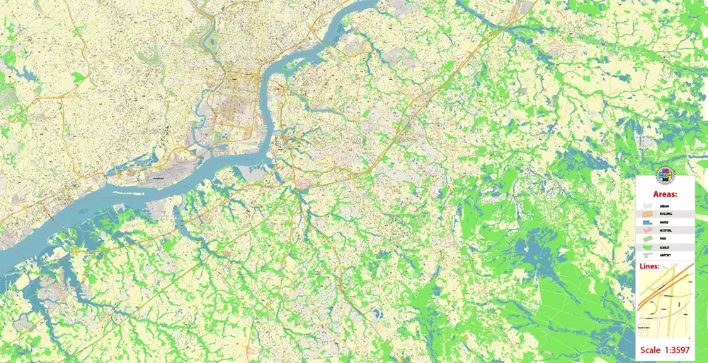 Philadelphia Pennsylvania US PDF Map Vector Exact City Plan High Detailed Street Map editable Adobe PDF in layers