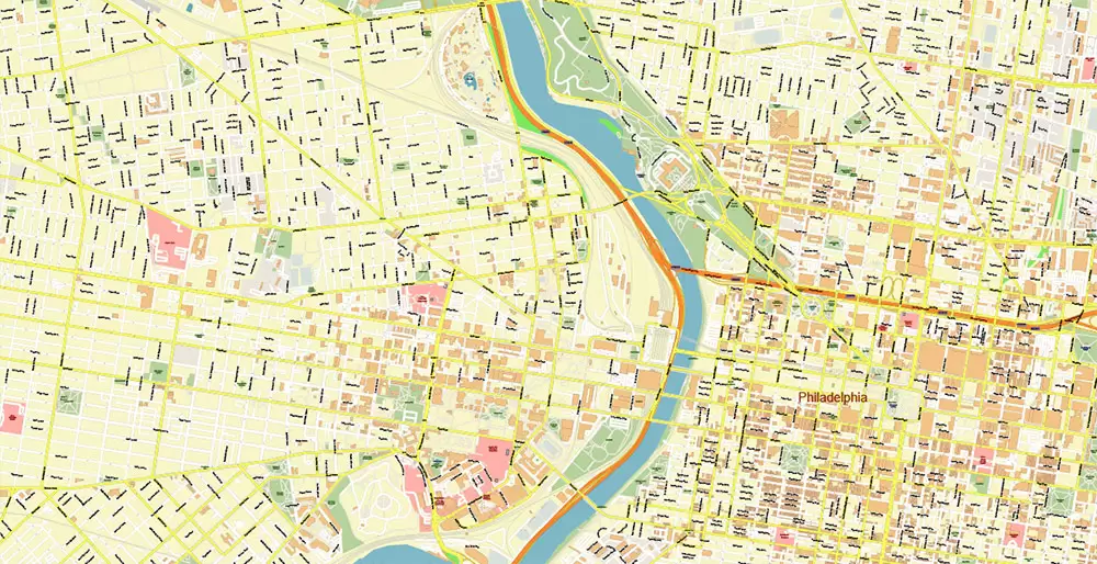Philadelphia Pennsylvania US PDF Map Vector Exact City Plan High Detailed Street Map editable Adobe PDF in layers