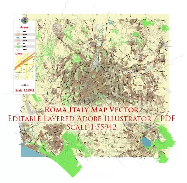 Roma Rome Italy Map Vector Exact City Plan LOW Detailed Street Map editable Adobe Illustrator in layers