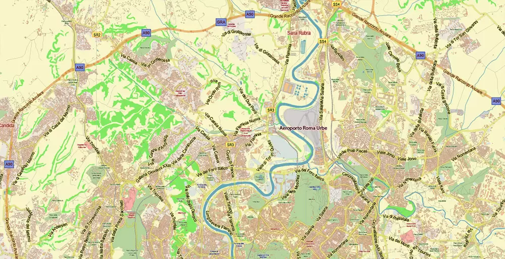 Roma Rome Italy Map Vector Exact City Plan LOW Detailed Street Map editable Adobe Illustrator in layers