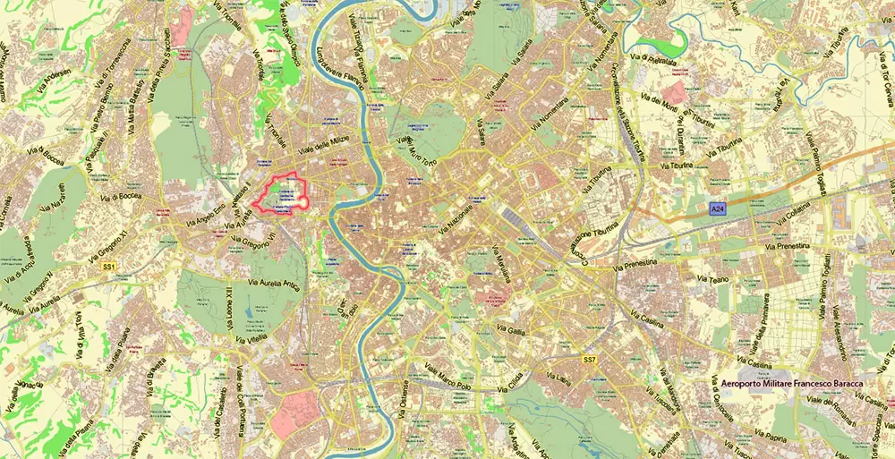 Roma Rome Italy Map Vector Exact City Plan LOW Detailed Street Map editable Adobe Illustrator in layers