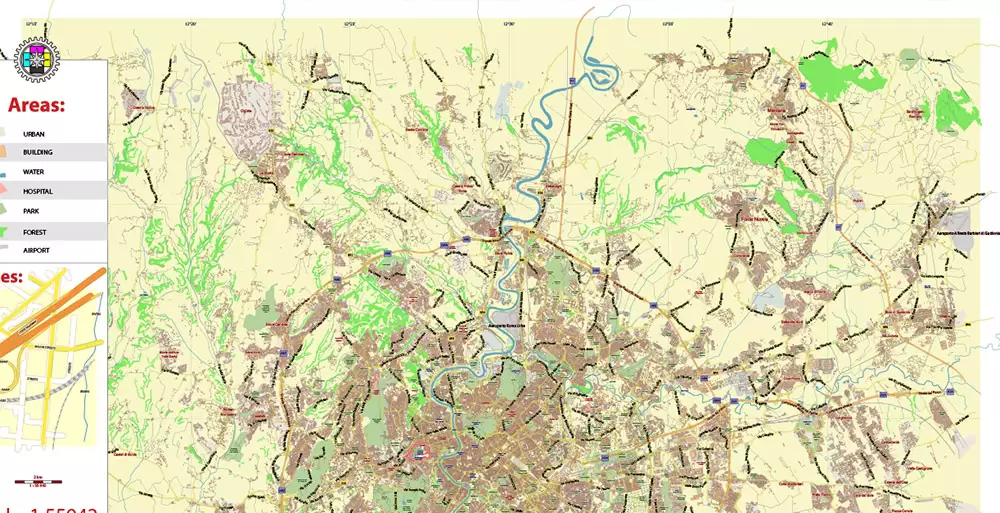 Roma Rome Italy Map Vector Exact City Plan LOW Detailed Street Map editable Adobe Illustrator in layers