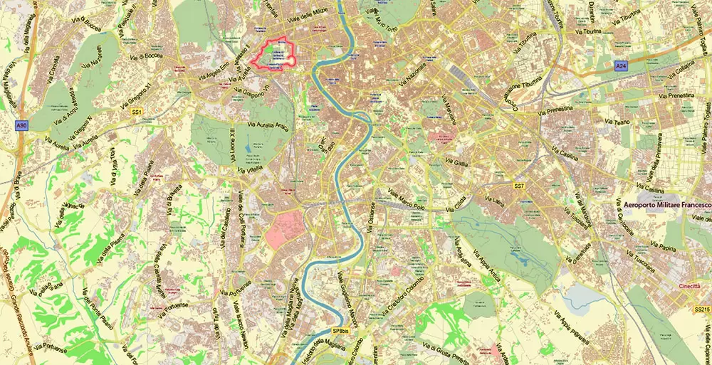 Roma Rome Italy Map Vector Exact City Plan LOW Detailed Street Map editable Adobe Illustrator in layers