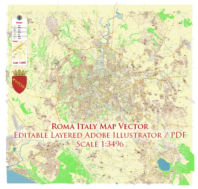 Roma Rome Italy PDF Map Vector Exact City Plan High Detailed Street Map editable Adobe PDF in layers