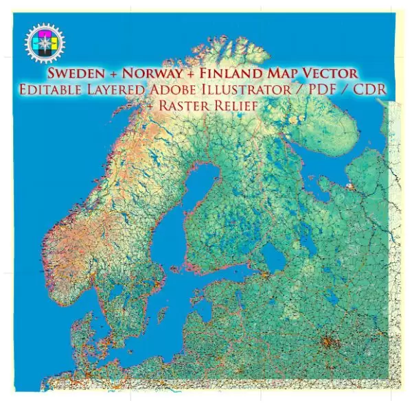 Sweden + Norway + Finland Relief Road Map Vector Exact High Detailed editable Adobe Illustrator in layers