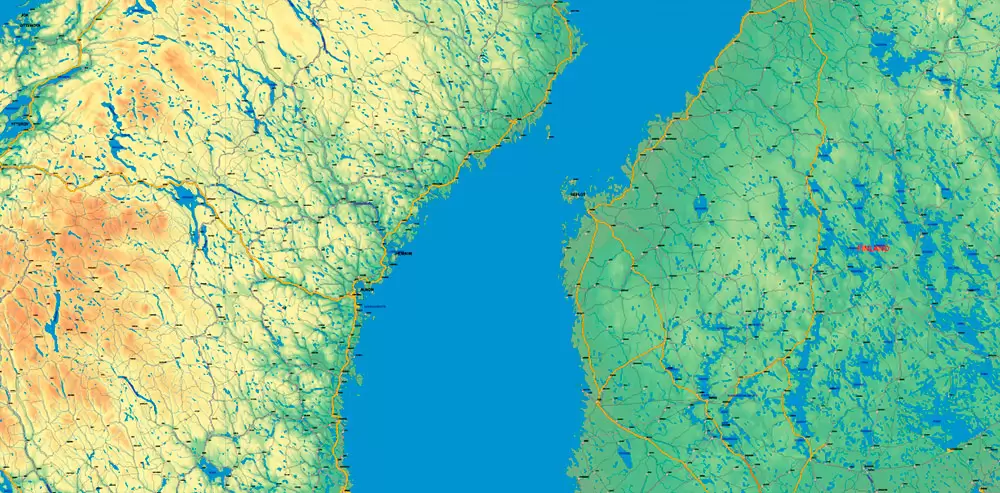 Sweden + Norway + Finland Relief Road PDF Map Vector Exact High Detailed editable Adobe PDF in layers