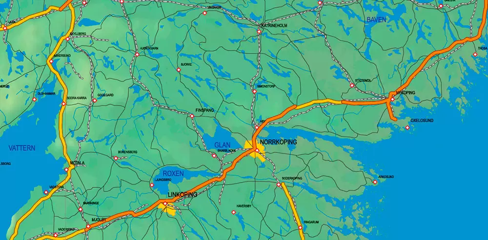 Sweden + Norway + Finland Relief Road PDF Map Vector Exact High Detailed editable Adobe PDF in layers