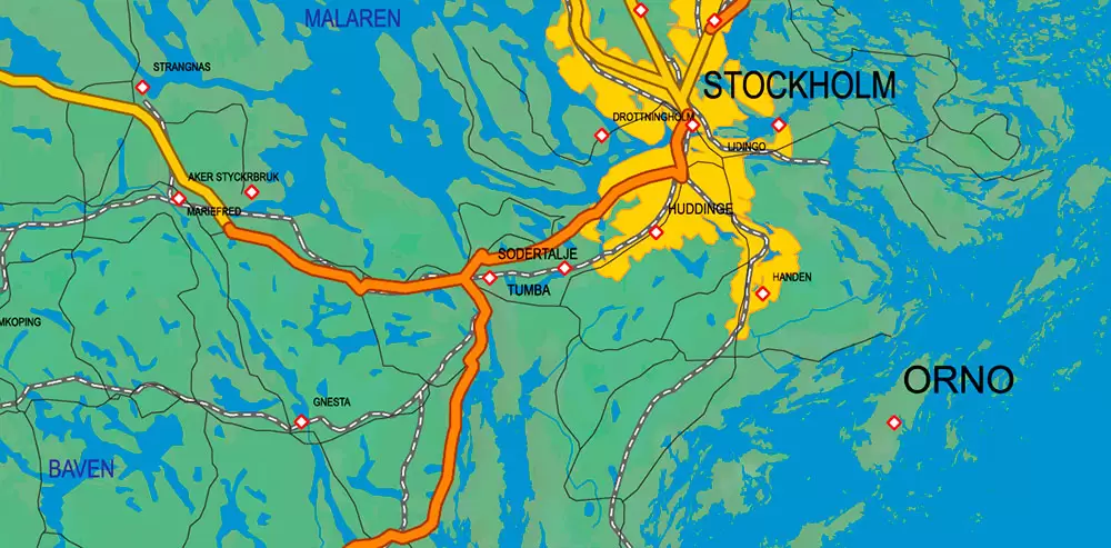 Sweden + Norway + Finland Relief Road PDF Map Vector Exact High Detailed editable Adobe PDF in layers