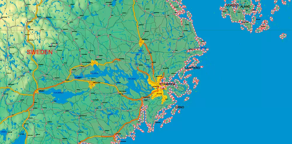 Sweden + Norway + Finland Relief Road PDF Map Vector Exact High Detailed editable Adobe PDF in layers