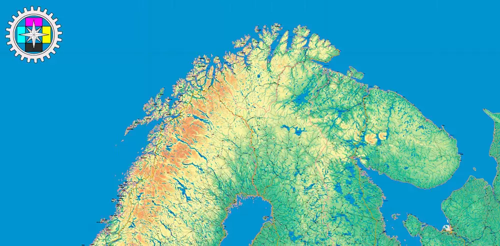 Sweden + Norway + Finland Relief Road PDF Map Vector Exact High Detailed editable Adobe PDF in layers