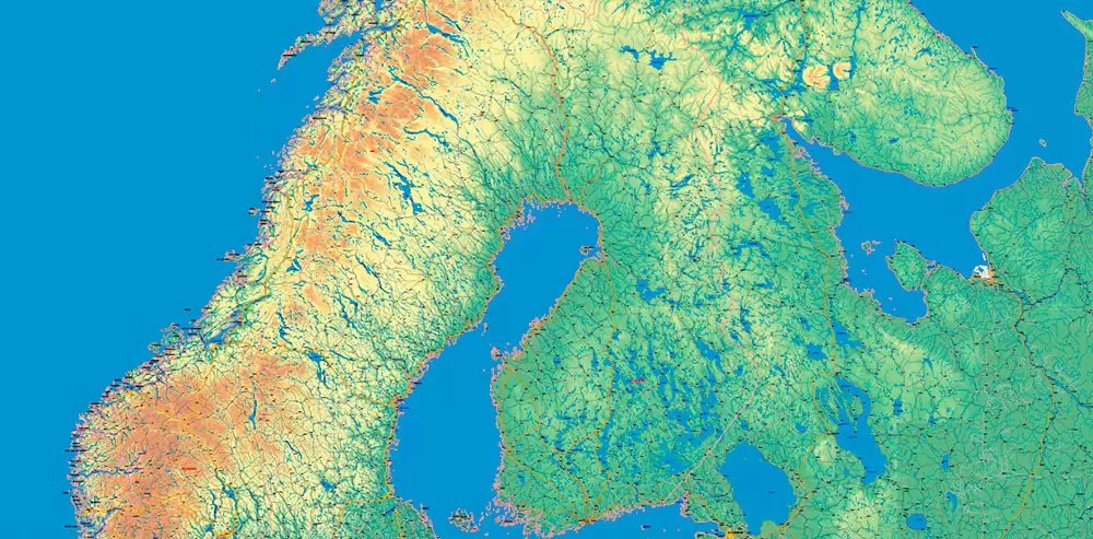 Sweden + Norway + Finland Relief Road PDF Map Vector Exact High Detailed editable Adobe PDF in layers