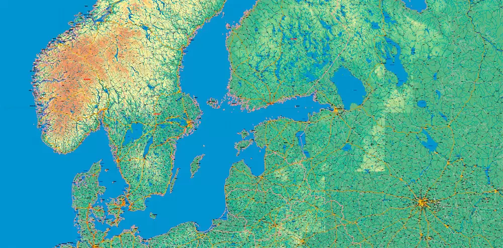 Sweden + Norway + Finland Relief Road PDF Map Vector Exact High Detailed editable Adobe PDF in layers