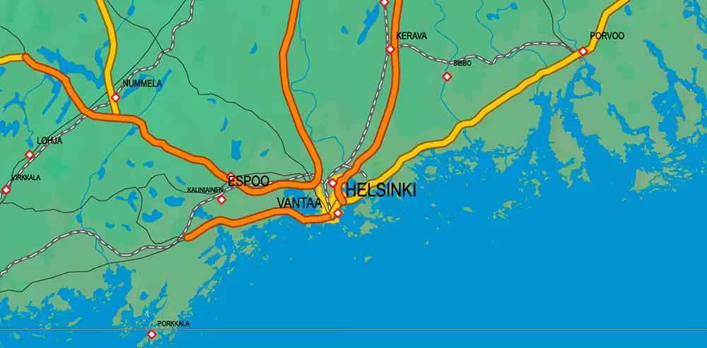 Sweden + Norway + Finland Relief Road PDF Map Vector Exact High Detailed editable Adobe PDF in layers
