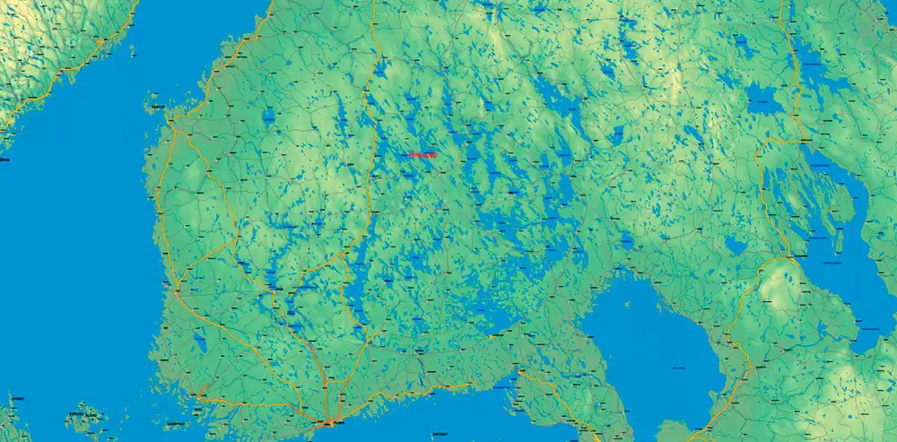 Sweden + Norway + Finland Relief Road PDF Map Vector Exact High Detailed editable Adobe PDF in layers