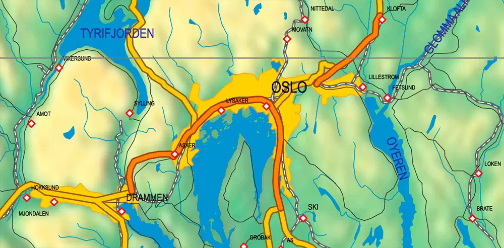 Sweden + Norway + Finland Relief Road PDF Map Vector Exact High Detailed editable Adobe PDF in layers