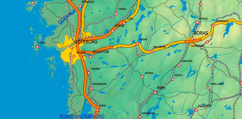 Sweden + Norway + Finland Relief Road PDF Map Vector Exact High Detailed editable Adobe PDF in layers