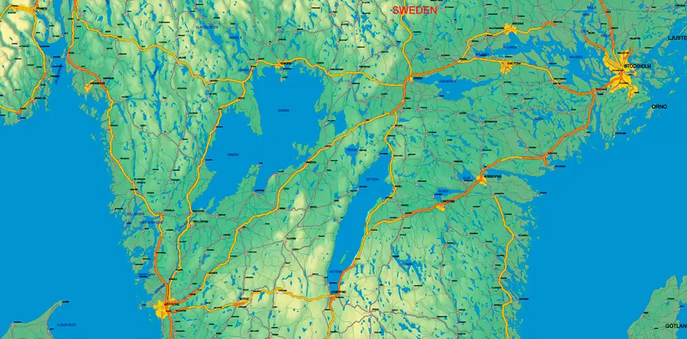 Sweden + Norway + Finland Relief Road PDF Map Vector Exact High Detailed editable Adobe PDF in layers